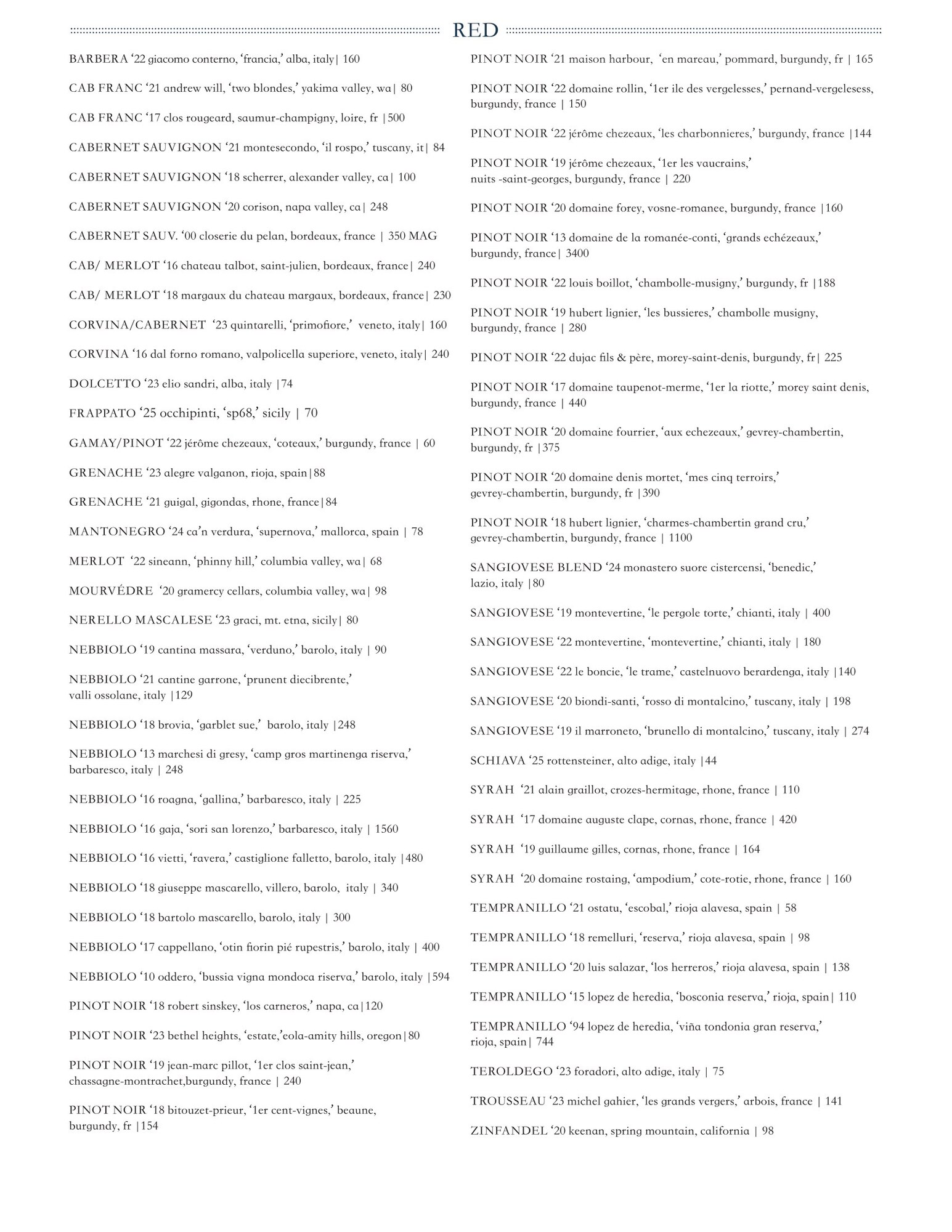 Fairchild wine list page two: red wines by the bottle