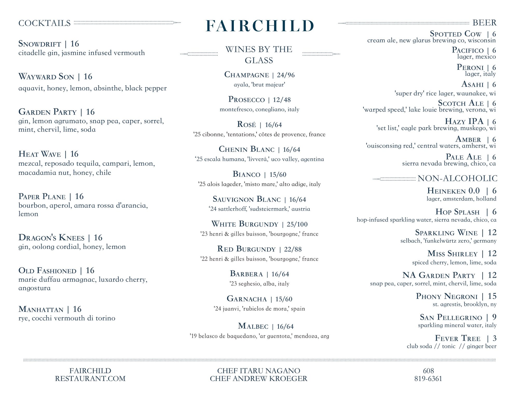 Fairchild dinner menu page two: cocktails, wines by the glass, beer and non-alcoholic