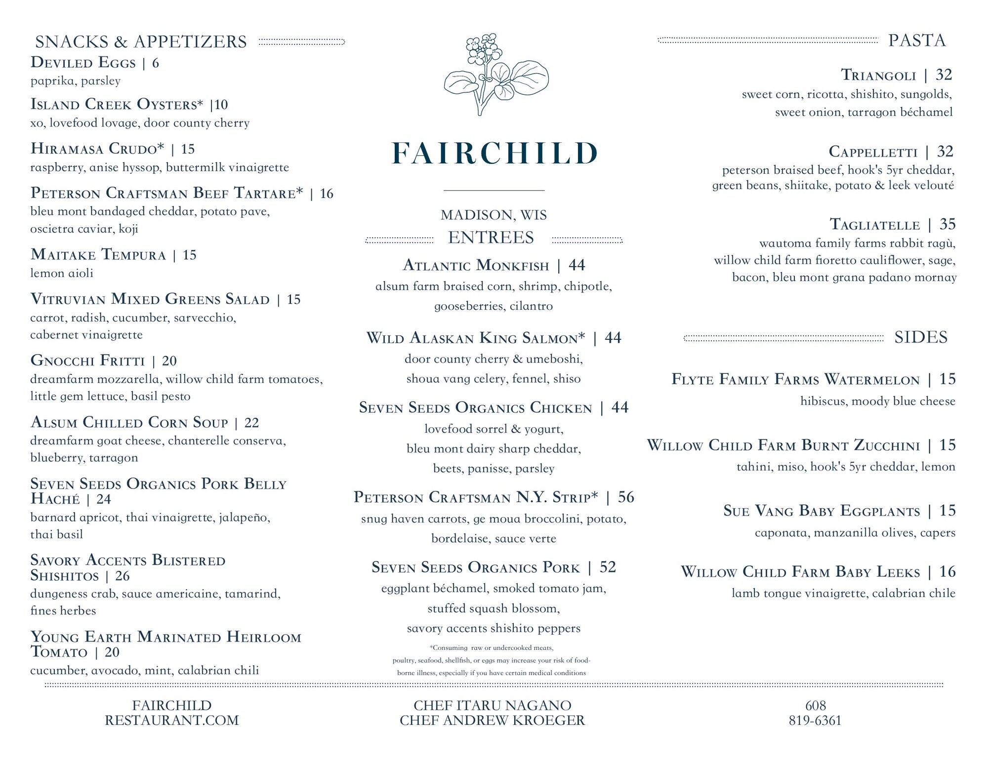 Fairchild dinner menu page one: snacks and appetizers, entrees, pasta and sides