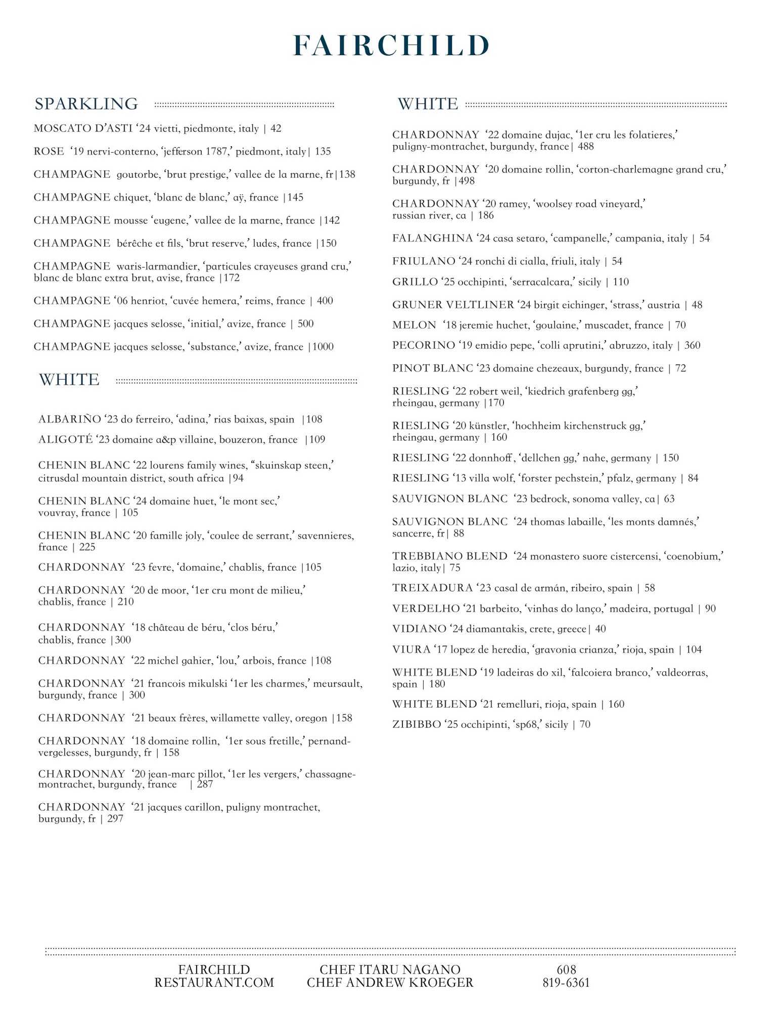 Fairchild wine list page one